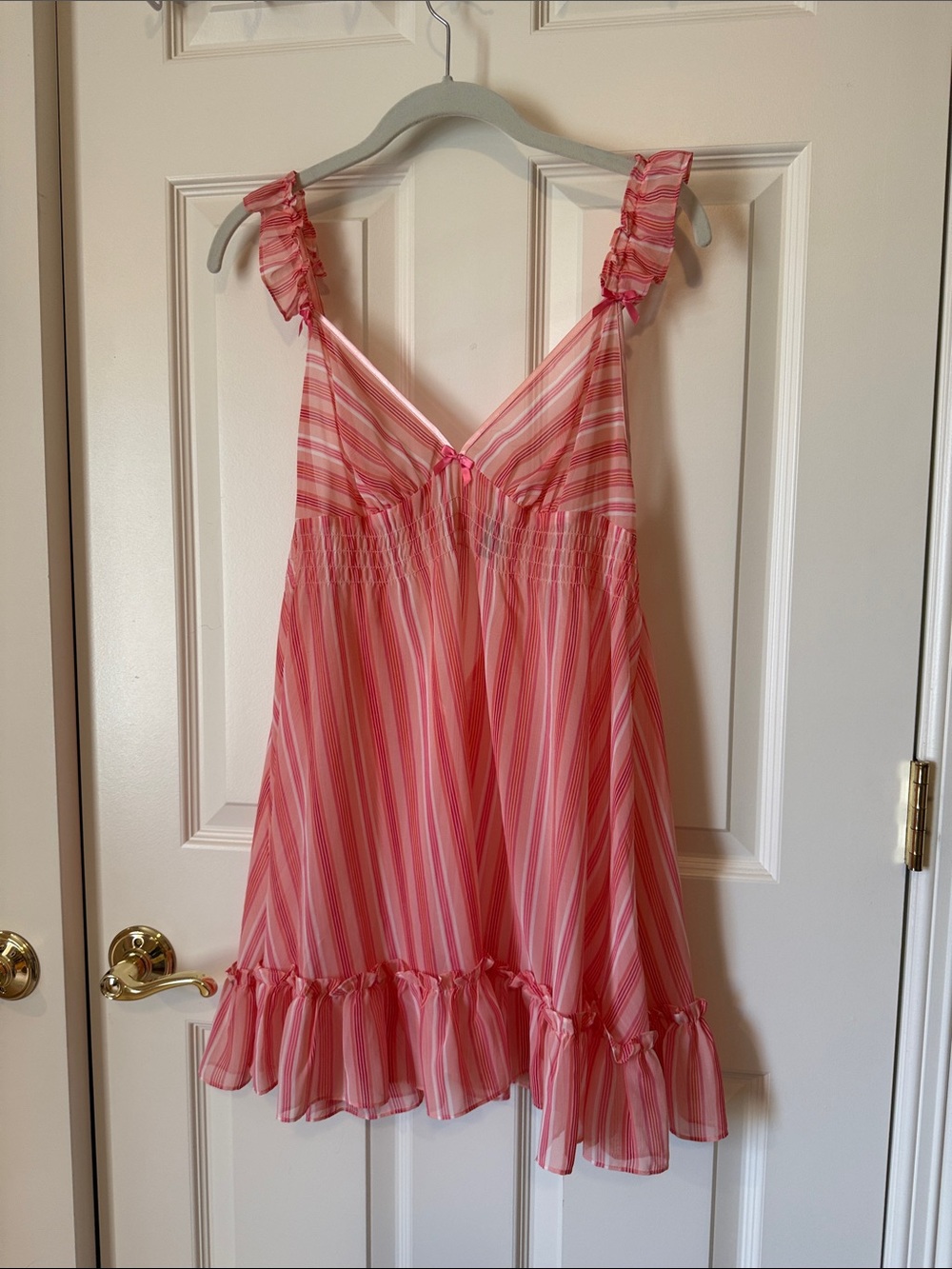 Betsey Johnson sheer Pink Striped Ruffle Babydoll Chemise - size M